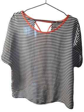 LUSH Sheer Striped Open-Back Top with Neon Trim